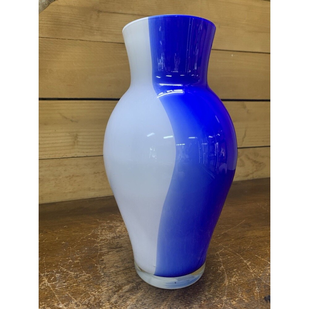 Cobalt & White Art Glass Vase Mid Century Hand-Blown European 10″